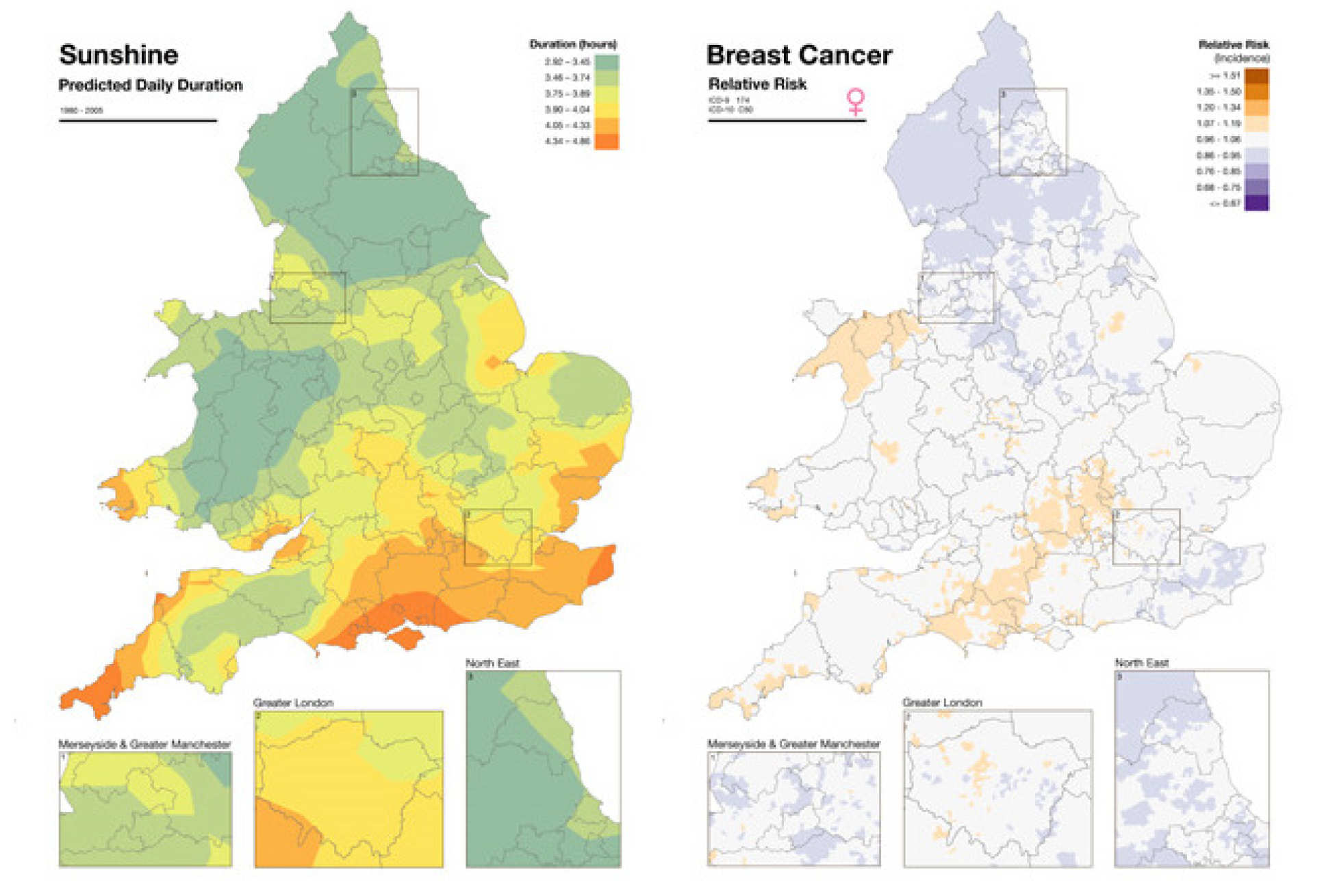 Atlast maps of sunshine duration and relative risk of breast cancer for the England and wales