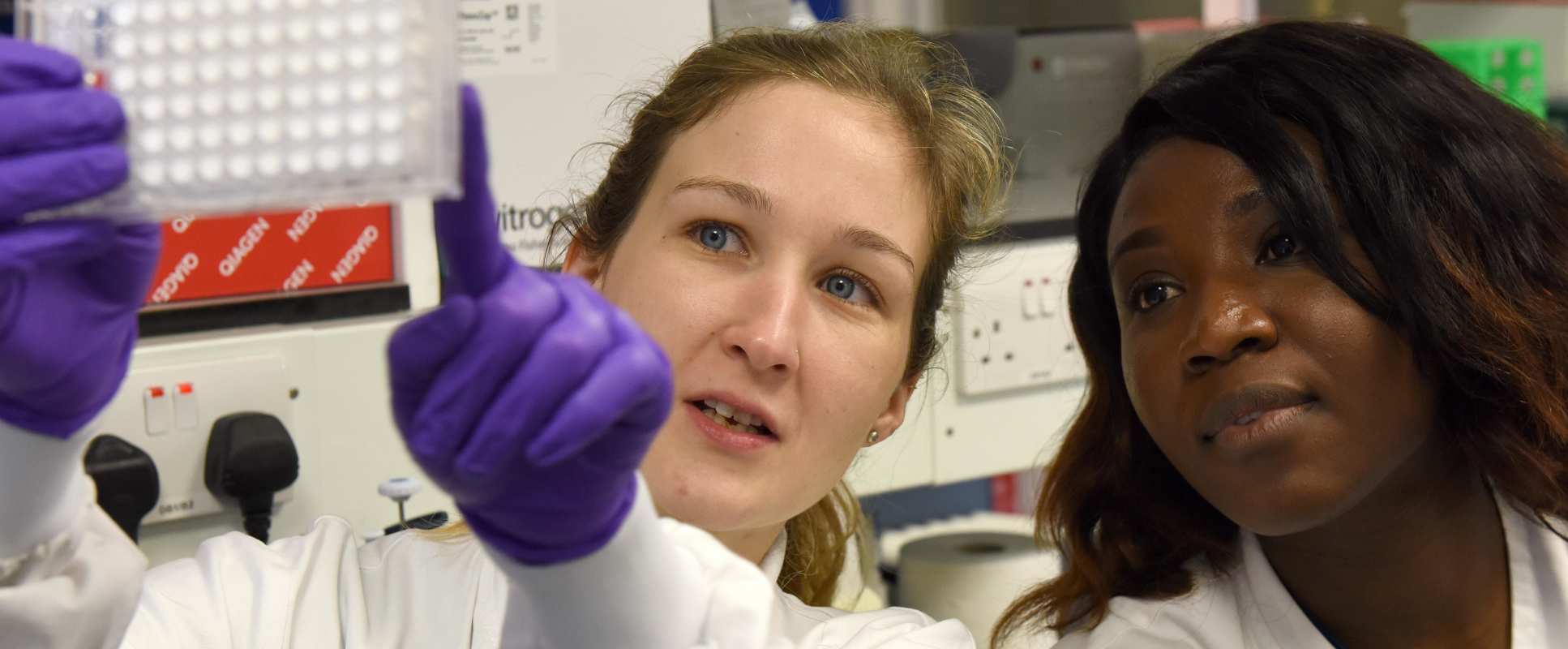 two female scientists look at sample