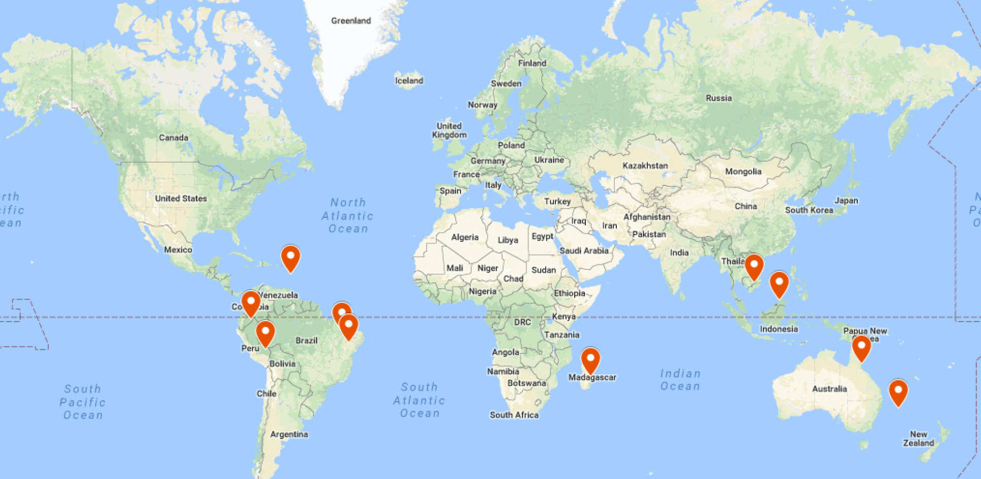 Map showing locations of research including South America, Madagascar, Asia and Australia