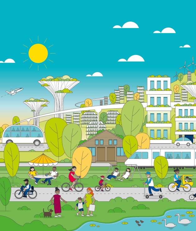 An illustrated view of a world with net-zero transport. There are trains, people on bikes, scooters, buses, a plane in the sky and green covered buildings and electric cars. 