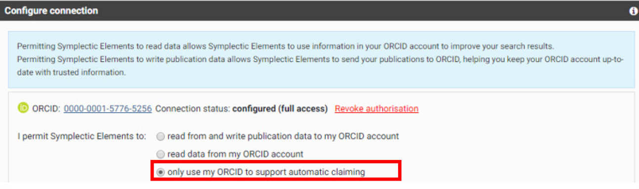 Symplectic configure connection box with only use my ORCID to support automatic claiming option highlighted