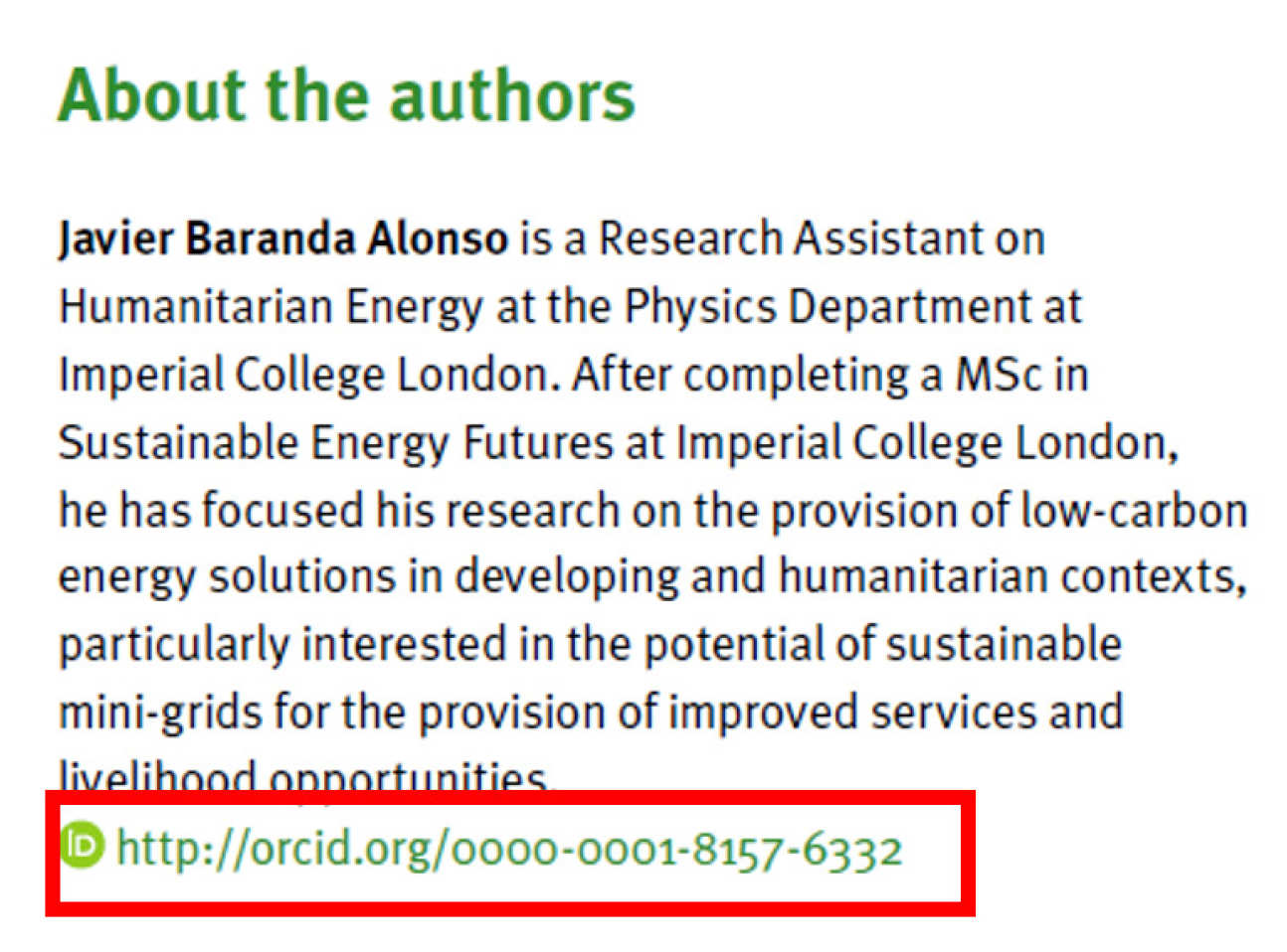 About the authors section with ORCID id link highlighted