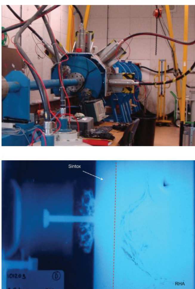 Figure 35: Investigation of dwell: (above) flash X-ray system in situ; (below) flash X-ray showing surface defeat of a WNi-Fe long-rod penetrator at a SintoxTM tile surface