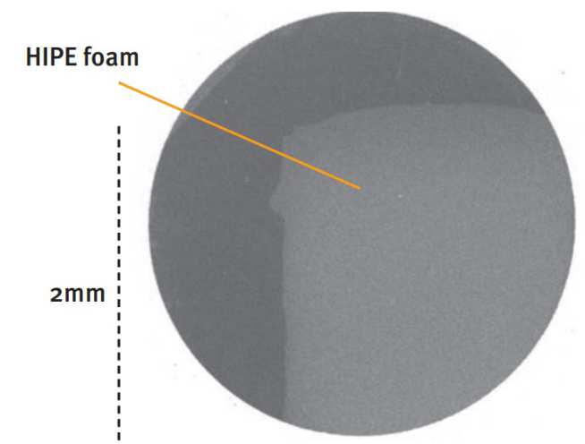 Figure 3: High magnification radiograph of a single 3x5mm HIPE foam, tungsten X-pinch, 12Î¼m Al transmission window. Imaged with single shot at >2m from highlighting the high-flux available for multi-foam or point projection imaging.