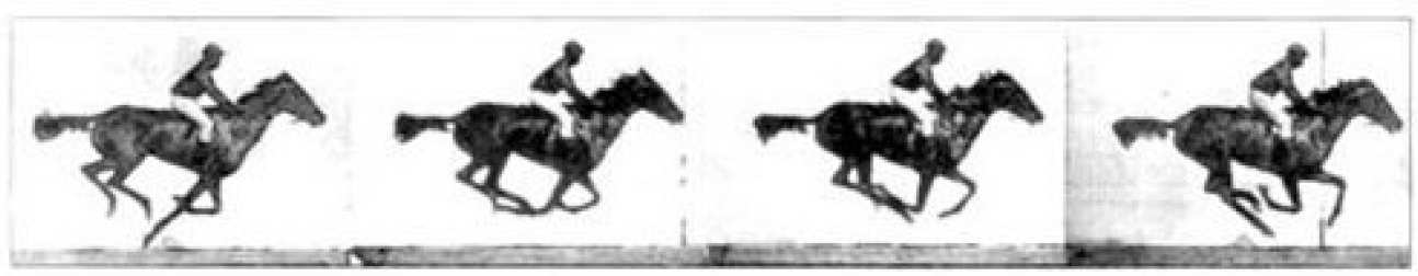 One of the most famous high-speed photographic sequences, a horse galloping, taken by Edward Muyybridge in California in the 1870's.  A technical breakthrough in its day.  Modern cameras can take images with sub-nanosecond exposure.