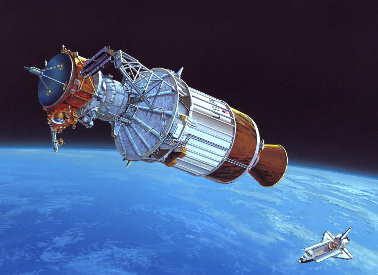 Artist's conception of the release of Ulysses atop the IUS (Intertial Upper Stage) from the Space Shuttle Discovery.