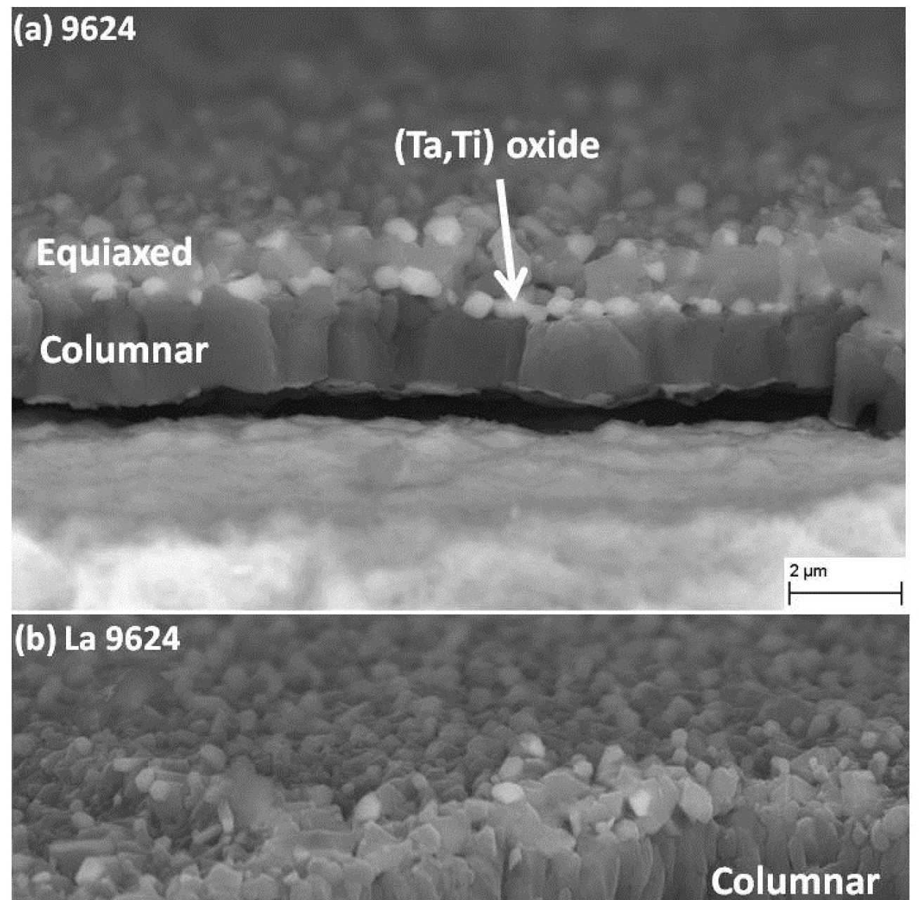 Fractured oxide scale micrographs acquired on the side plane of sample: (a) CMSX-4 9624 and (b) CMSX-4 (La) -9624.