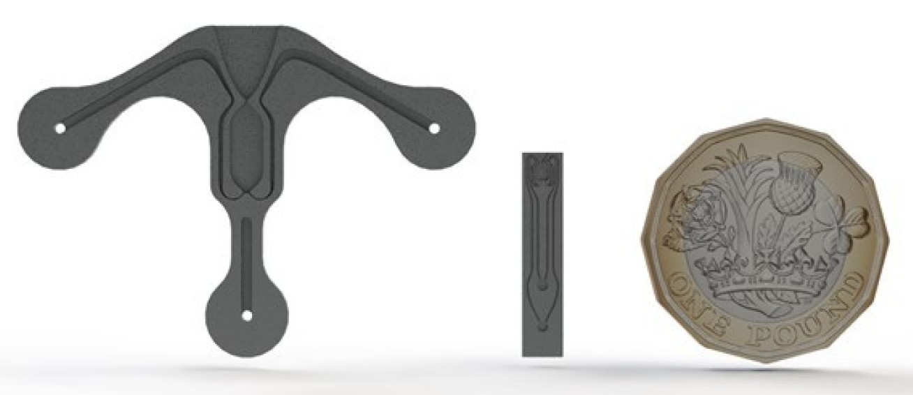 Rendering of ICE-200 and ICE-Cube micro-chemical thrusters and size comparison against a one-pound coin