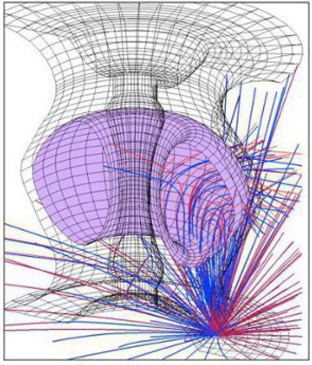 Figure: a graphic representation of the trajectories of ions in the potential of the dust grain used for the calculation of the ion drag in the binary collision approach (see' the DTOKS code' in tokamak dust transport).