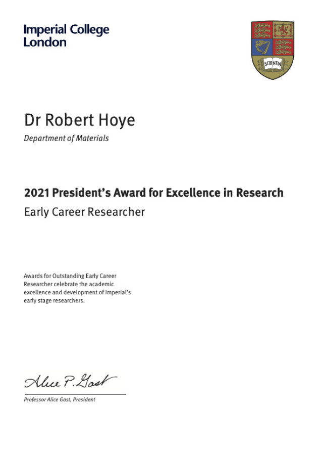 President's award certificate