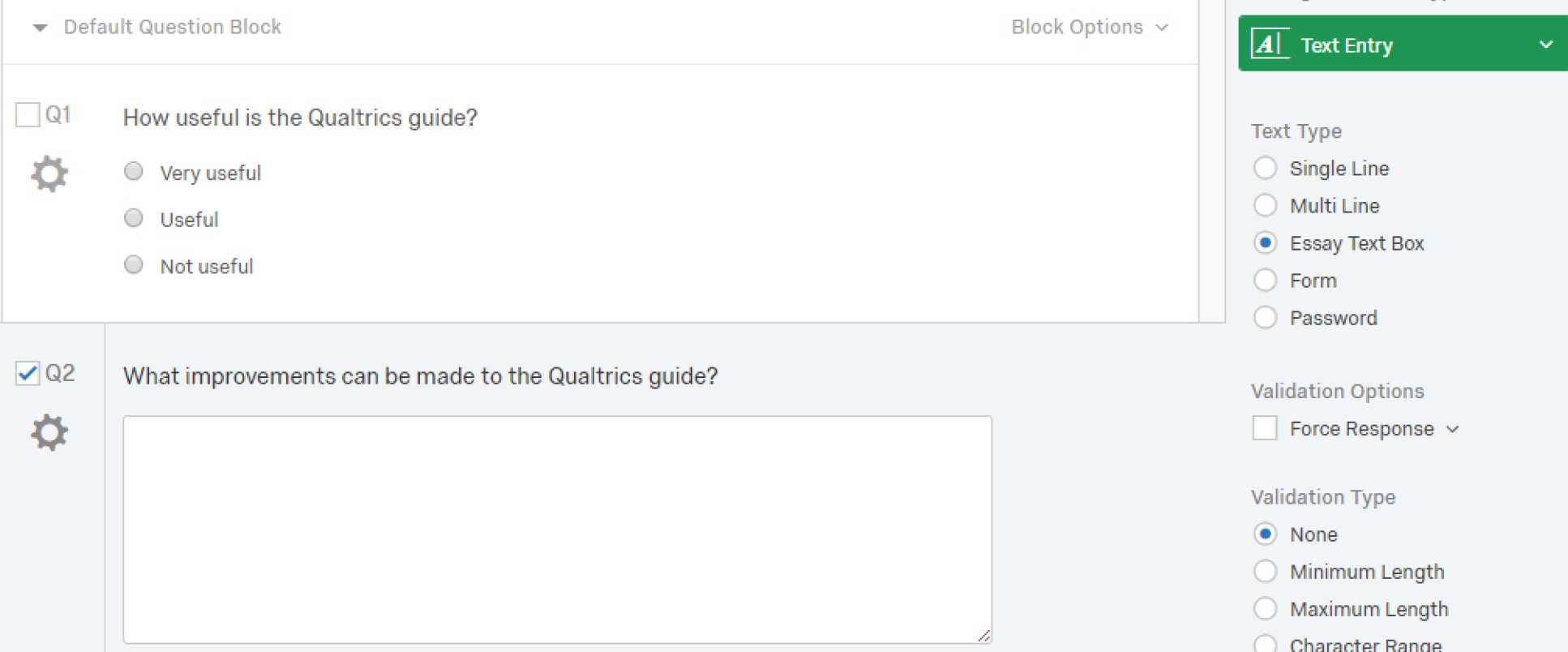Qualtrics screen shot of ticking Essay text box option