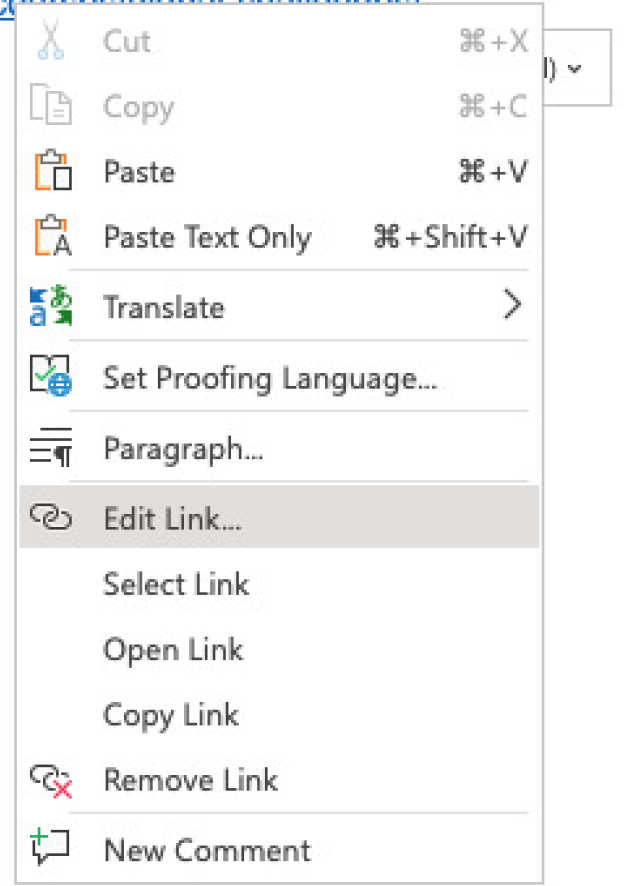 Screenshot of the menu options on Windows when right clicking on a hyperlink. The 'Link' option is selected.