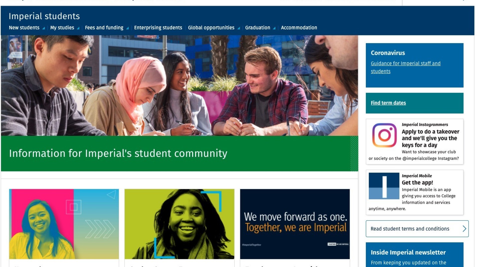 The Imperial students landing page which uses the landing page with sidebar layout