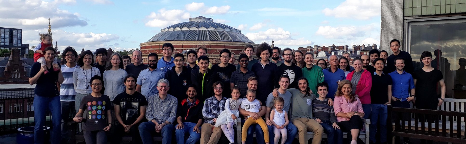 Theoretical Physics group photographed in 2019 on the Blackett Lab Common Room roof terrace