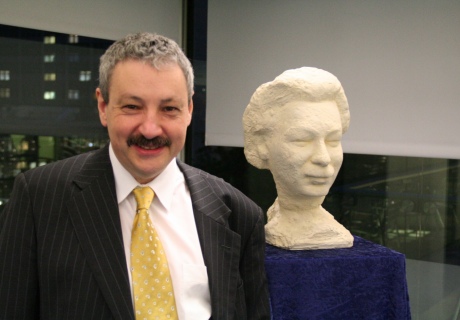 Dr Daniel Chain stands next to the bust of his father Sir Ernst Chain, by the sculptor Oscar Nemon at the naming ceremony of the Sir Ernst Chain Building â€“ Wolfson Laboratories.