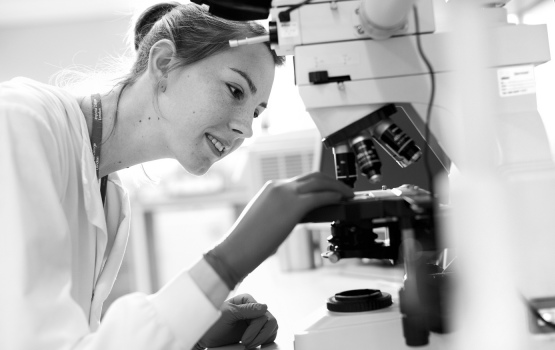 A PhD student, Eleanor Browne, examines some slides of MS brain tissue using a microscope.