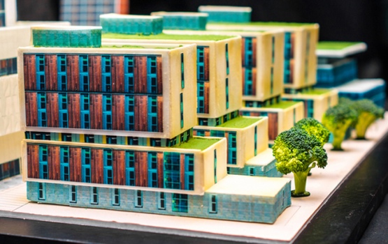 The cake is served to staff at a reception in the Senior Common Room. This view shows the Wood Lane Studios accommodation, which was completed in 2012.