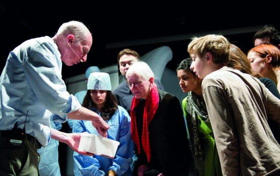 Visitors lean forward to see the liver and gall bladder that Professor Roger Kneebone bought from the butcher to show the similarity between some human and pig organs (Dave Guttridge)