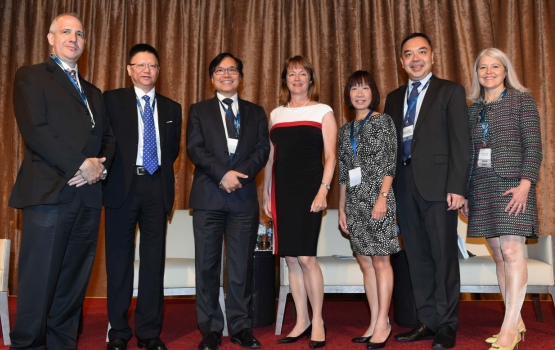 The panel, L-R: Professor David Klug, Dr Robin Sham (PhD DIC Civil Engineering 1989), Professor Paul Cheung (BEng ACGI Electrical Engineering 1973, PhD DIC, Electrical Engineering 1978), President Alice Gast, Cheuk Wan Fan (MBA DIC 2000), Vincent So (BEng ACGI Mechanical Engineering 1991, MBA DIC 1994) and Nicola Pogson, Director of Alumni Relations