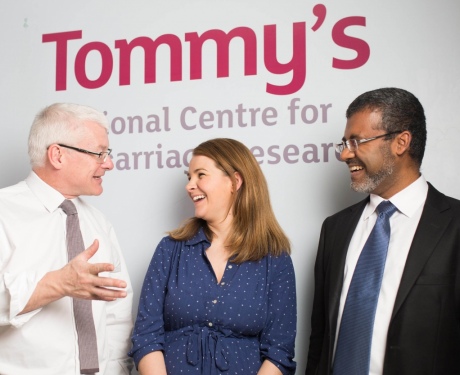 Professor Phillip Bennett from Imperial College, with Tommy's supporter Izzy Judd (violinist and wife of Mcfly's Harry Judd), and Professor Arri Coomarasamy, Director of the new centre from the University of Birmingham