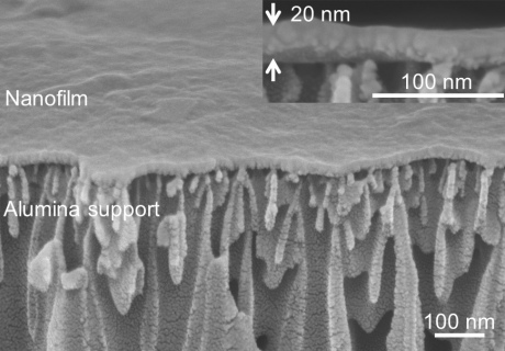 Cross-section view of 20-nm thick polymer nanofilm supported on alumina. Image credit: Qilei Song, Department of Chemical Engineering, Imperial College London