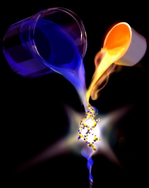 Two beakers of light and matter representations mixing