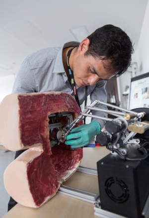 Dr Alejandro Granados from Imperial College London demonstrates the robotic rectum technology, which he has developed to enable medics to practise rectal exams 