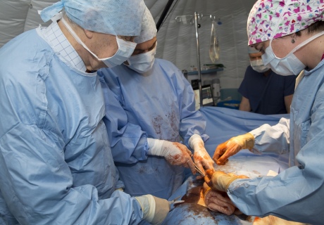Alan Alda (left) tries simulated surgery