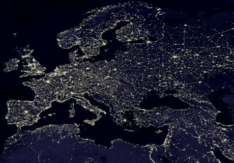 An aerial night time shot of Europe from space