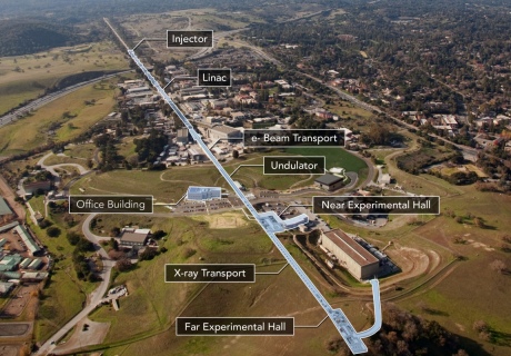 Labelled aerial view of a very long straight tunnel with attached experiment labs