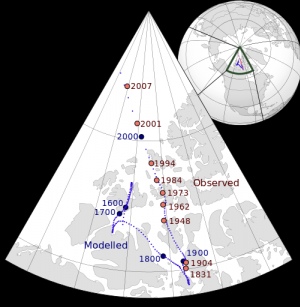 Map tracing the position of the north magnetic pole through time