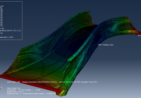 2D computer model of the bridge shows colours for patterns of stress