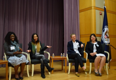 Persis Mbangsi (chemical engineer, Cameroon), Jin Joo Lee (robotics enthusiast, South Korea), Caroline Dahl (health tech entrepreneur, Sweden) and Prof Waleska Aldana Segura (Physics, Guatemala)