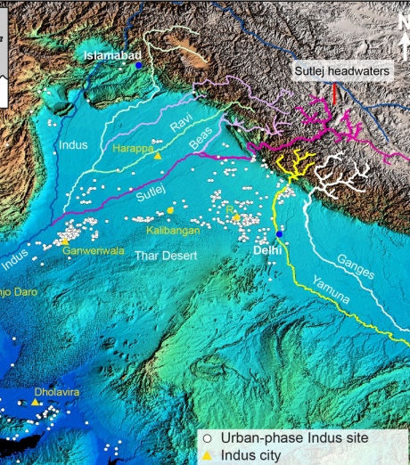 Map showing northwestern India and Pakistan, major Himalayan rivers and the distribution of Indus Civilisation urban settlements. Credit: P.J. Mason/S. Gupta (Imperial College London