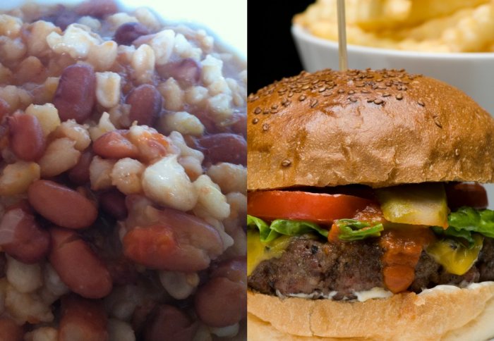 Samp and beans, burger and fries