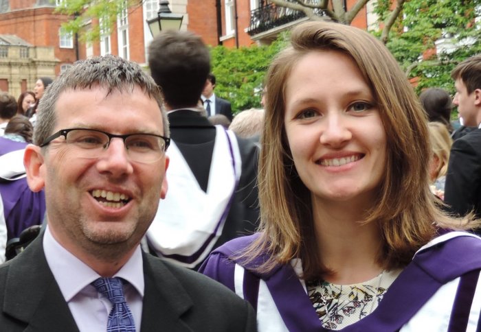 Prof Martin Heeney & Dr Abby Casey, dressed for graduation ceremony, outside Royal Albert Hall