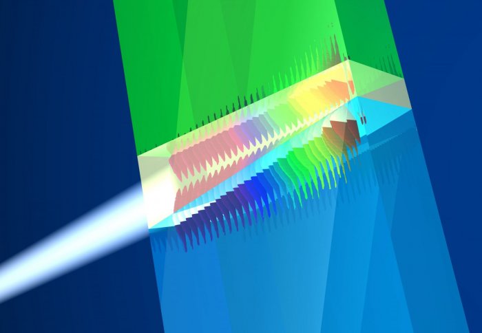 Illustration of white light entering a material and dividing up into the spectrum