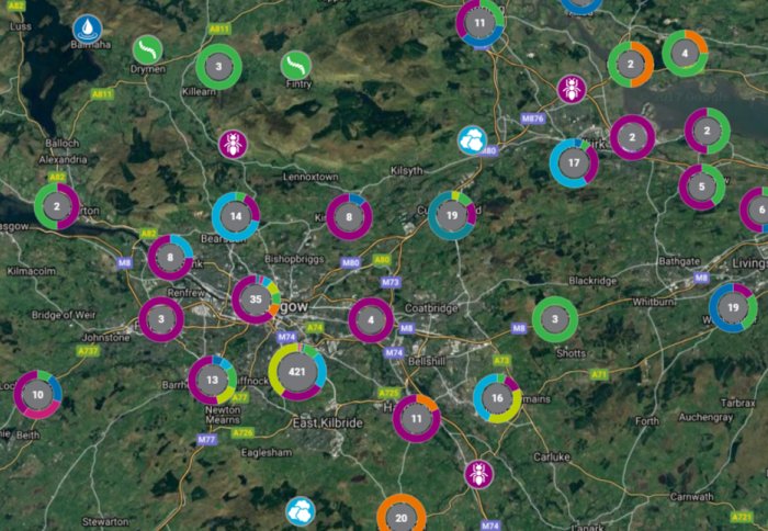 Numbers on a map of Glasgow