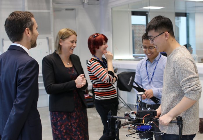 Aviation Minister Baroness Sugg meets with Professor Mary Ryan, Dr. Mirko Kovac and PhD students in the Aerial Robotics Lab