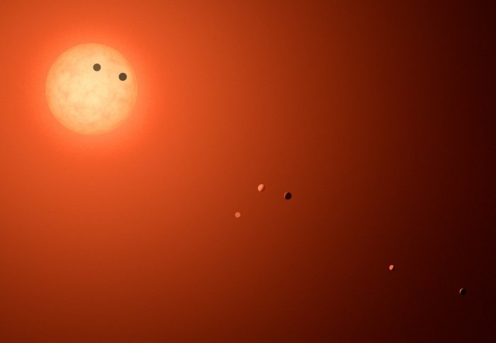 A reddish sun with seven small planets orbiting nearby