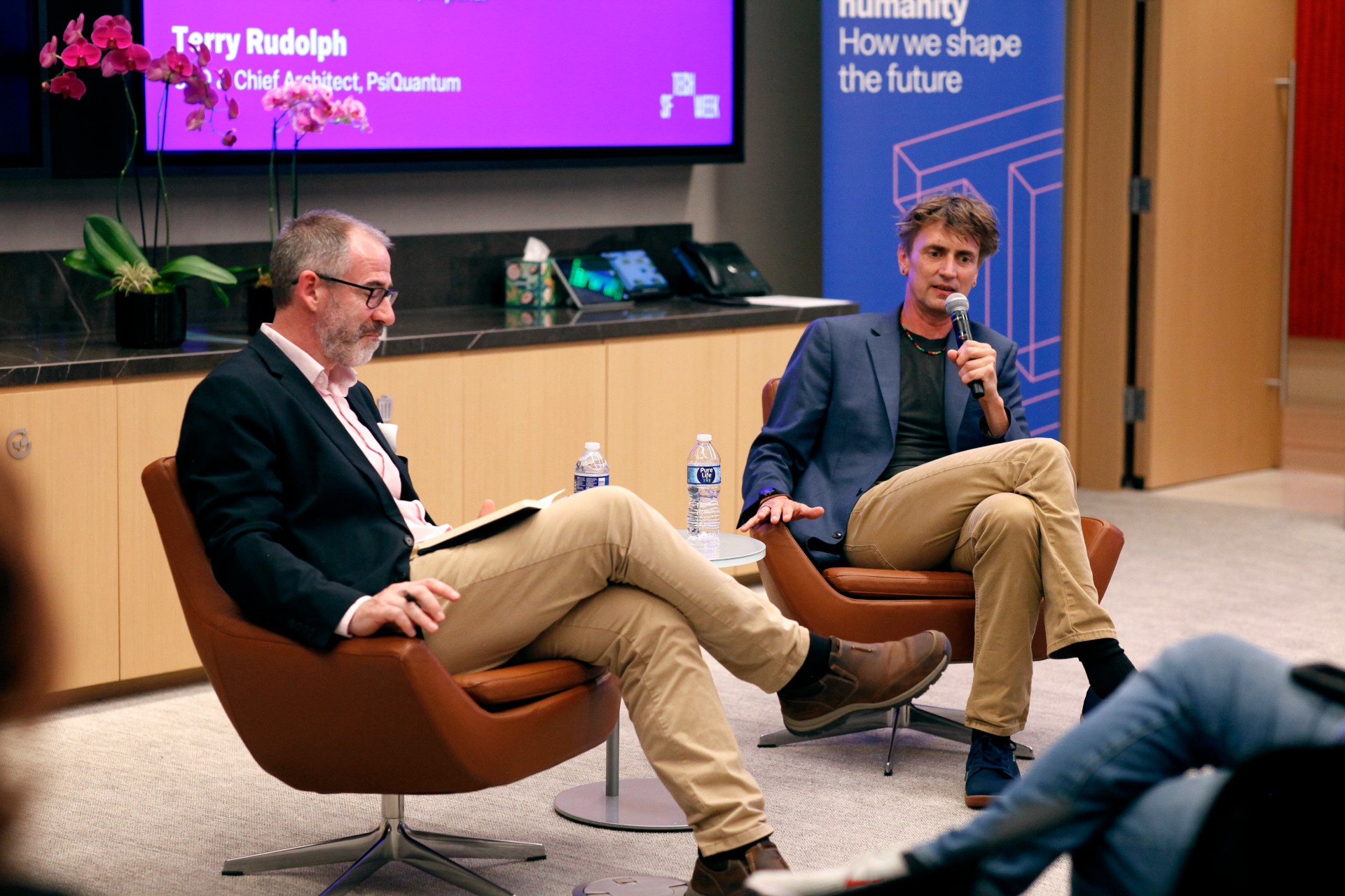 Professor Peter Haynes and Professor Terry Rudolph speaking at an event in San Francisco.