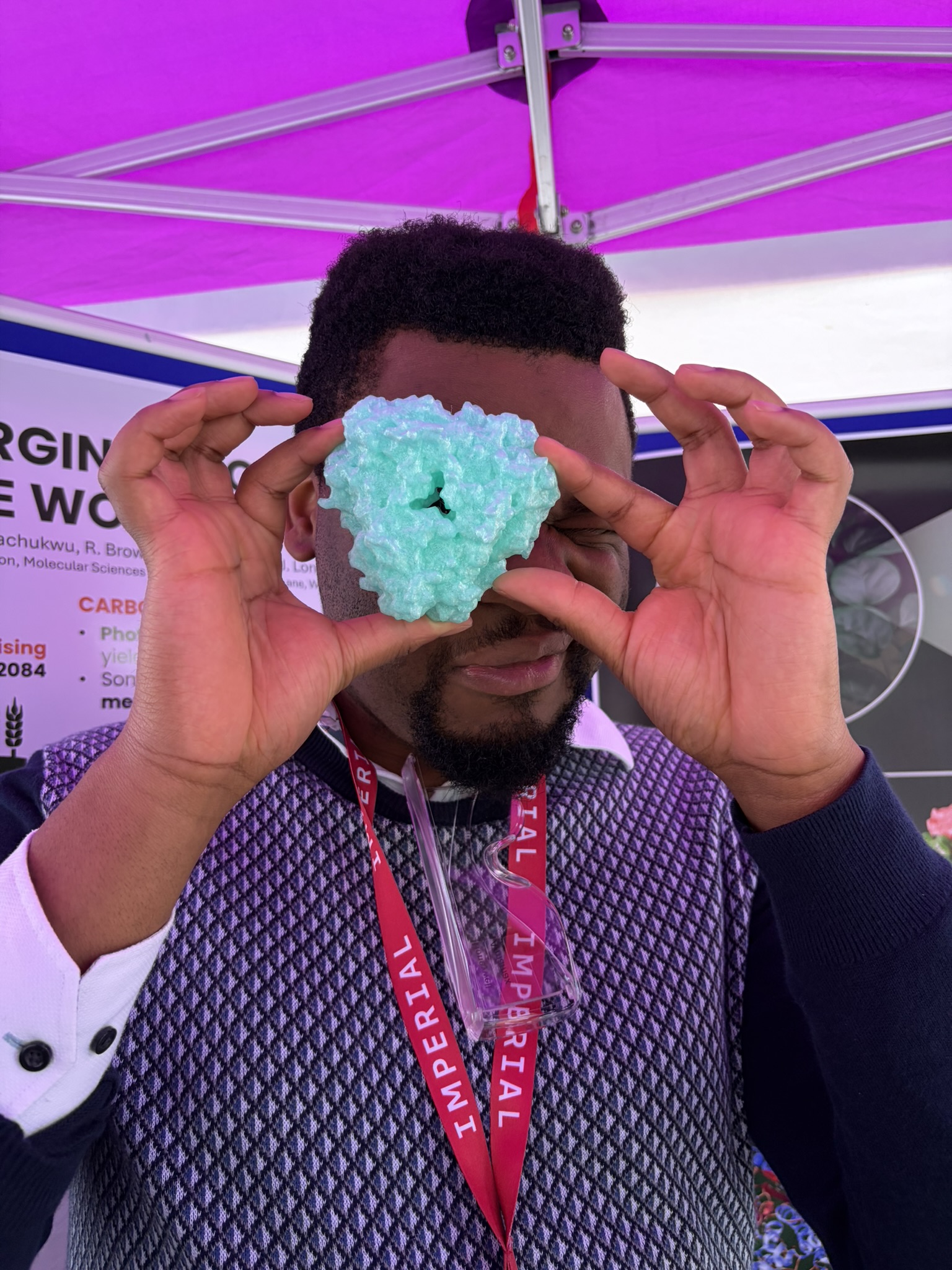 ICB CDT student Sean Nwachukwu with 3D printed Carbonic Anhydrase 