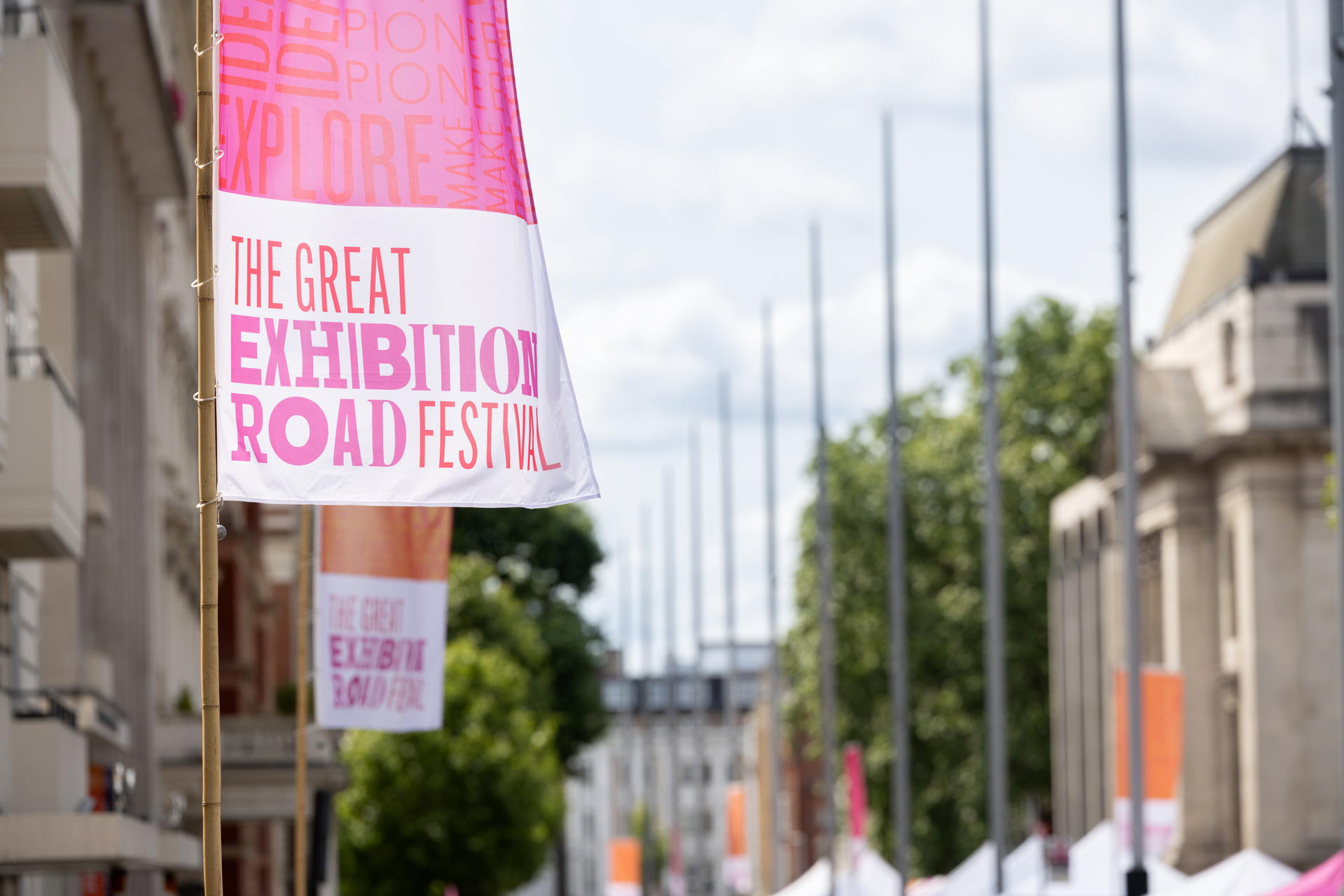 Great Exhibition Road Festival flag hanging outside on Exhibition Road