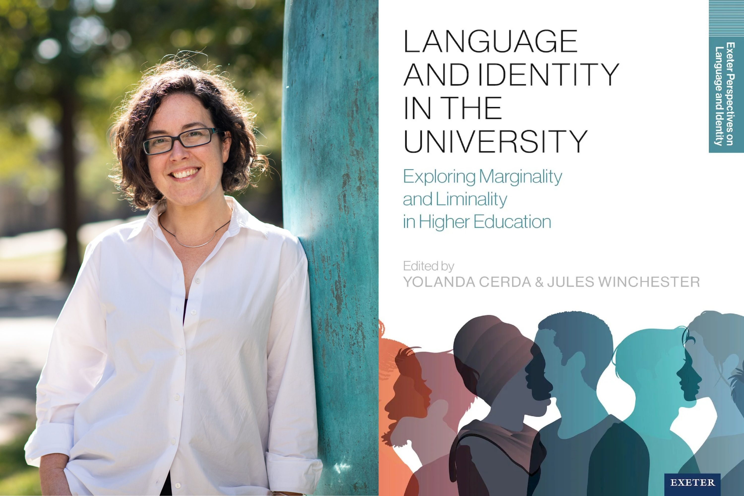 Iria Gonzalez-Becerra and an image of the Languages and Identity book cover