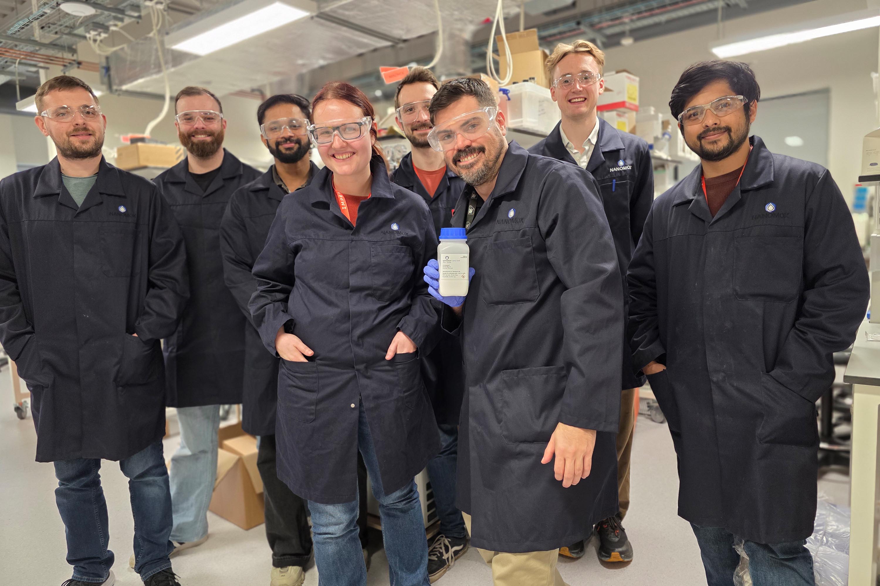 A group of people who work for the Imperial spinout, Nanomox, pictured in the Imperial Incubator at White City