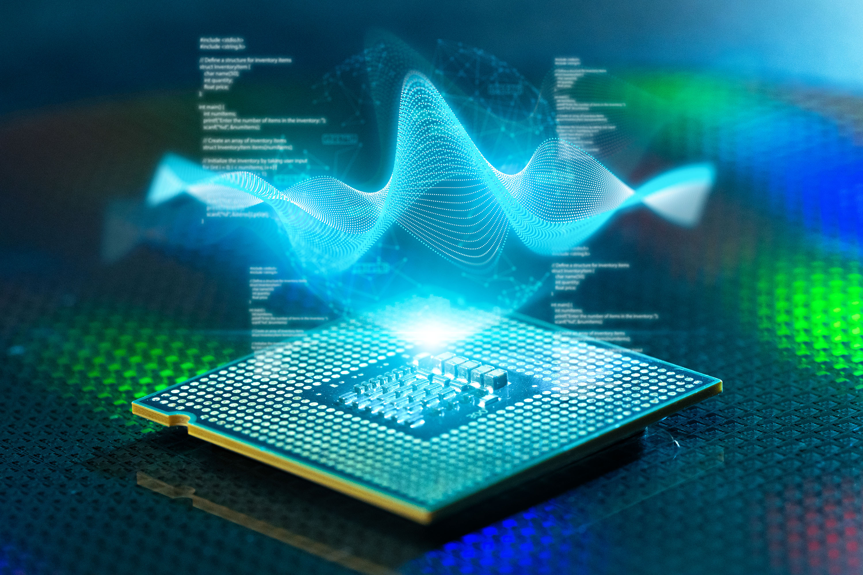 A semiconductor chip with a digital graphic representing AI
