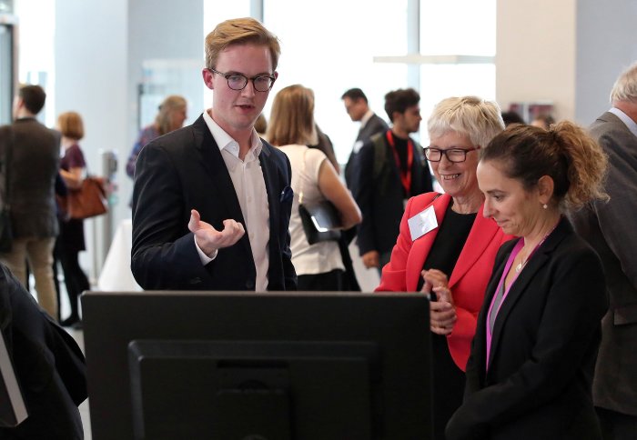 Professor Maria Charalambides with Research Associate Dr Joe Wood discussing their work on restoration of paintings with UNESCO UK Commission Chair, Beth Taylor (centre). 