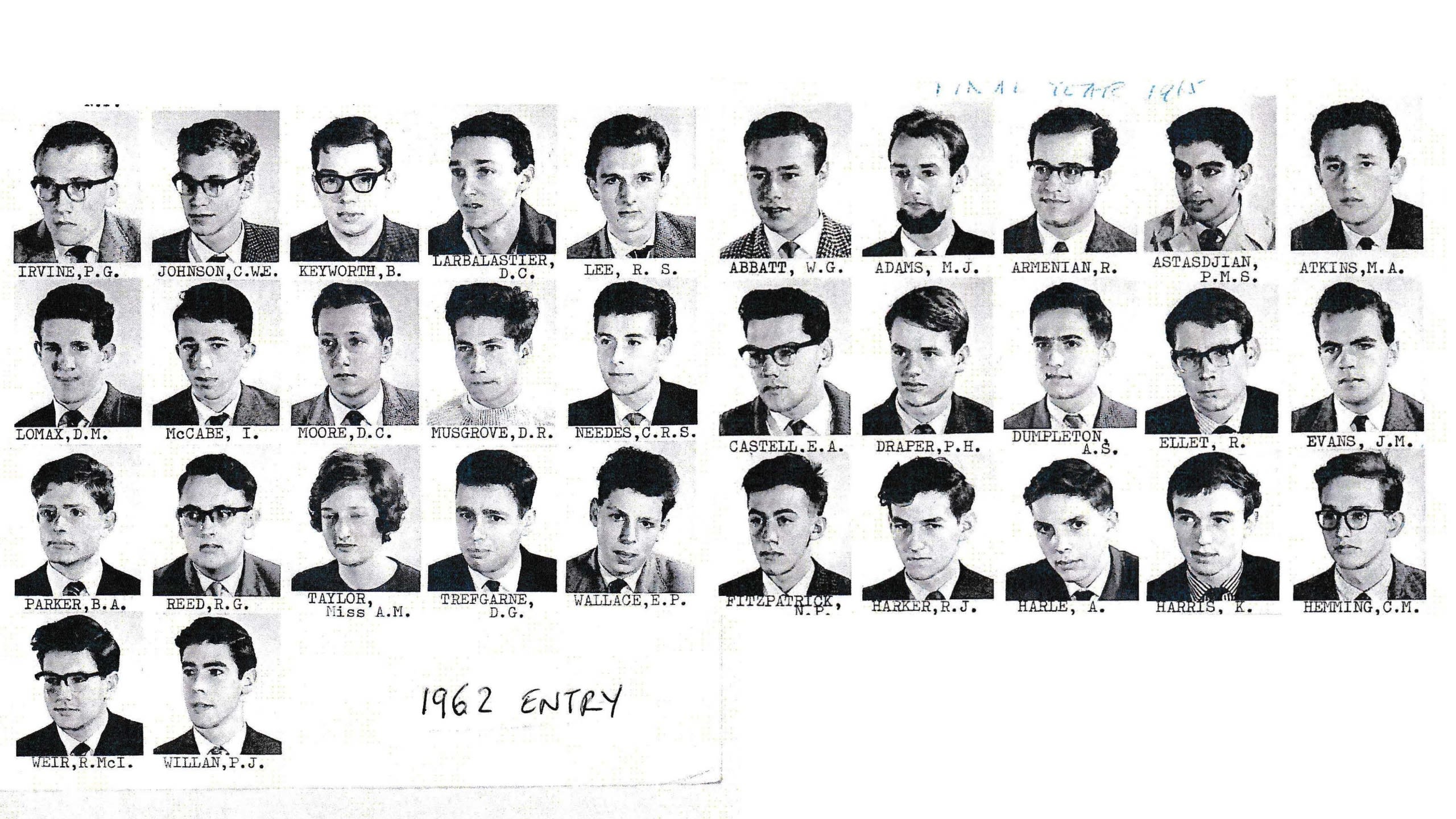 Black and white headshots of the Metallurgy class who began in 1962
