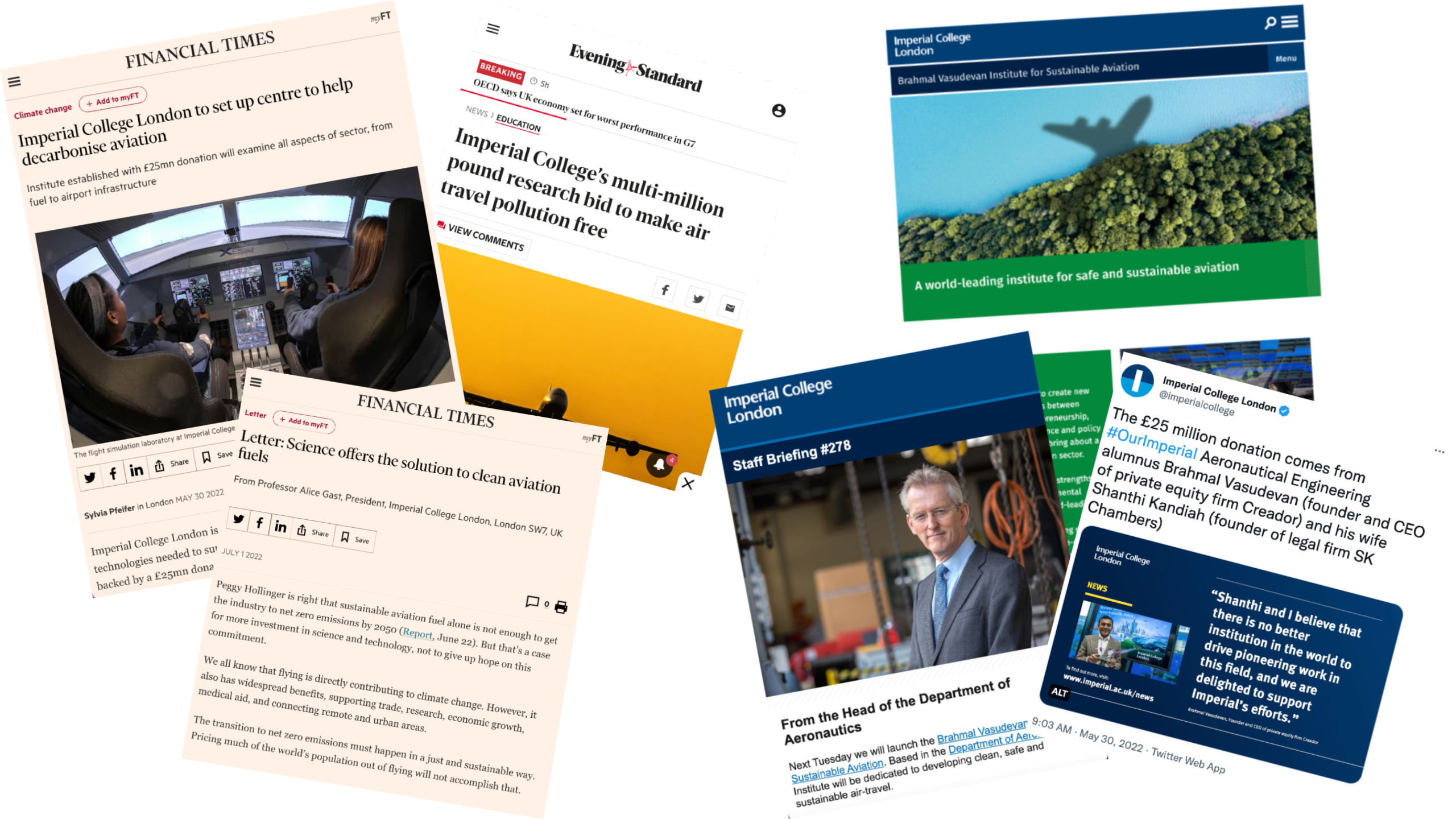 Screenshots of media coverage, website, newsletter and social media for the launch of the institute