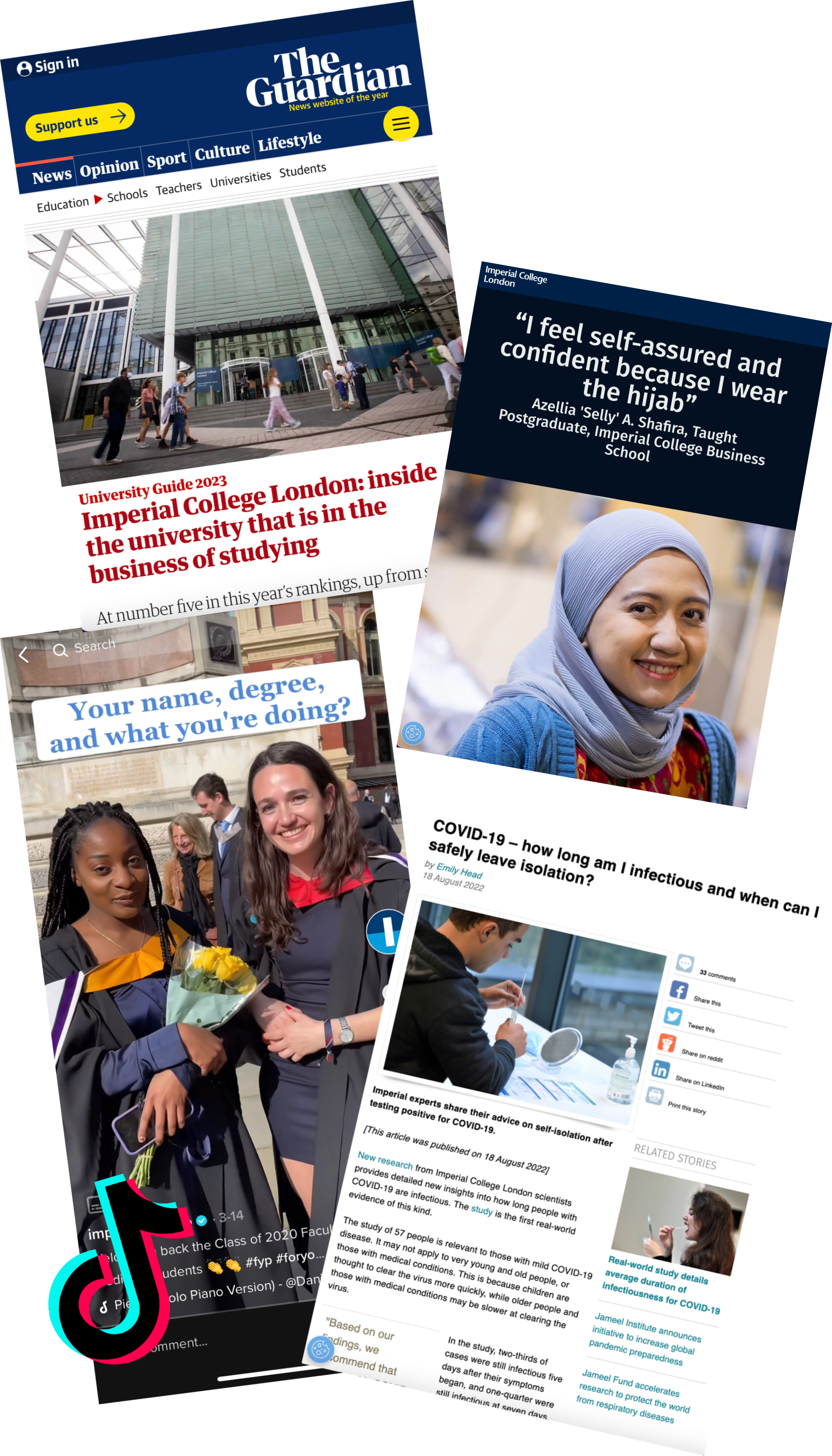 Screengrabs of Imperial media coverage, TikTok and news stories